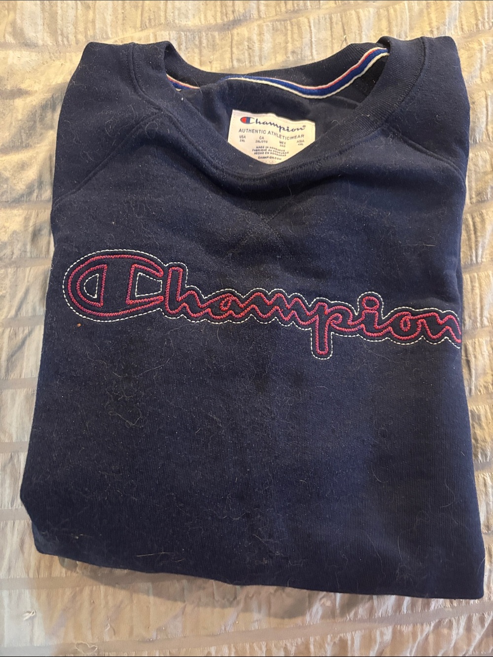 Champion Navy Crewneck Sweatshirt with Pink Script Logo